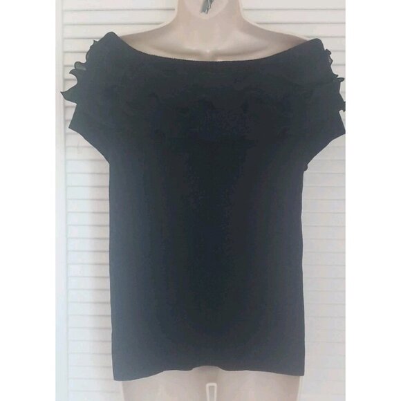 NWT SIONI MILANO BLACK KNIT RUFFLE COLD SHOULDER BLOUSE TOP MEDIUM - Picture 7 of 10